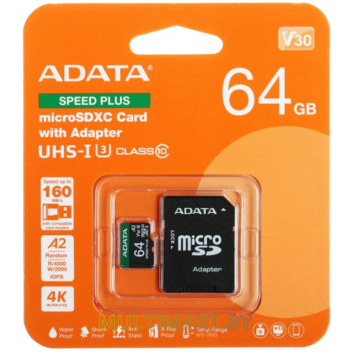 Карта памяти ADATA SPEED PLUS microSDXC 64GB с адаптером (UD64GUI3V30A2SP-RA1)